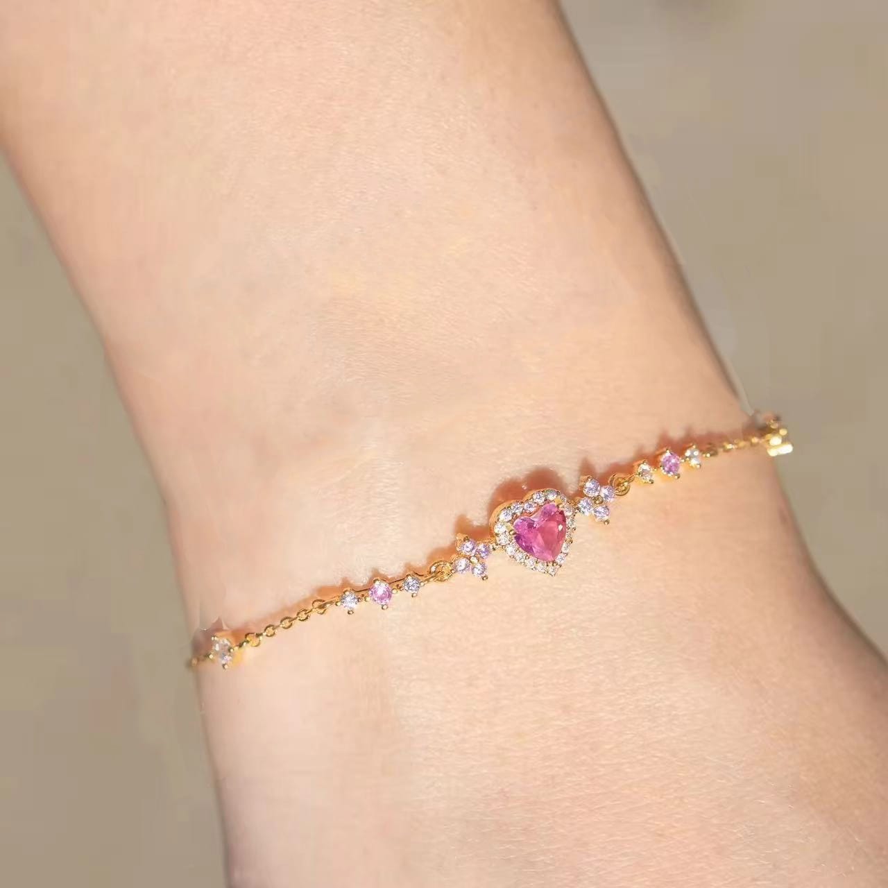 Aylin 18k Gold PVD Plated Romantic Pink Heart Bracelet – Anti-Tarnish Stainless Steel Adjustable Bracelet for Women