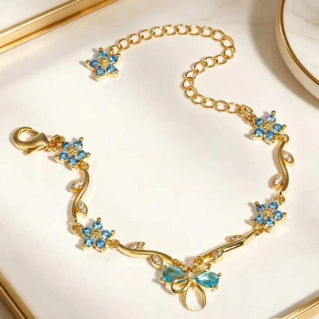 Aylin 18k Gold PVD Plated Blue Floral Bow Bracelet – Anti-Tarnish Stainless Steel Adjustable Bracelet for Women photo 2