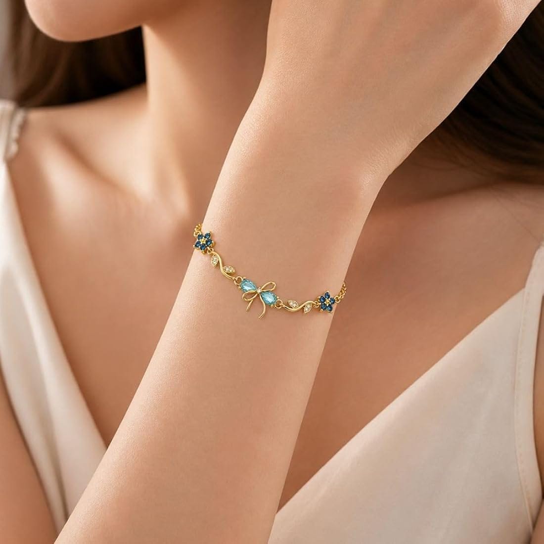 Aylin 18k Gold PVD Plated Blue Floral Bow Bracelet – Anti-Tarnish Stainless Steel Adjustable Bracelet for Women photo 3