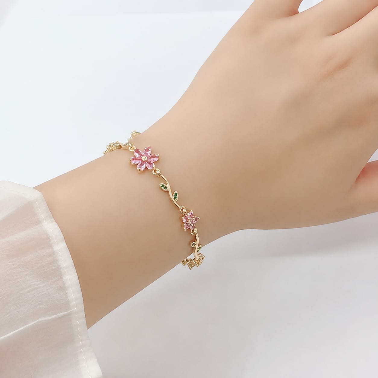 Aylin 18k Gold PVD Plated Pink Floral Bracelet – Anti-Tarnish Stainless Steel Adjustable Bracelet for Women