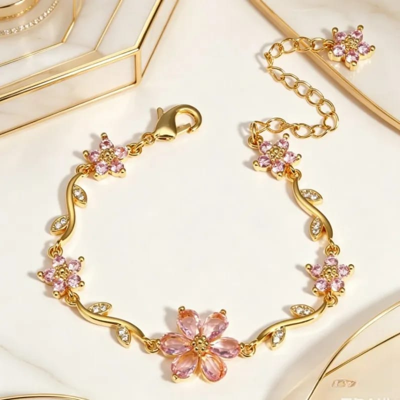 Aylin 18k Gold PVD Plated Pink Floral Bracelet – Anti-Tarnish Stainless Steel Adjustable Bracelet for Women photo 2