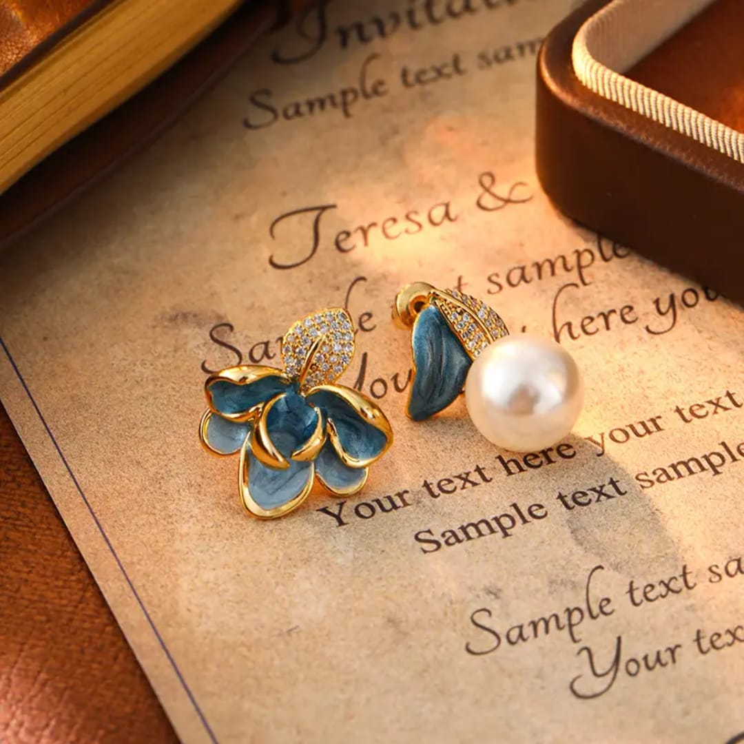 Aylin Blue Floral Asymmetrical Earrings – Gold Plated  Mismatched Pearl Drop Earrings for Women ₹110.00 photo 3