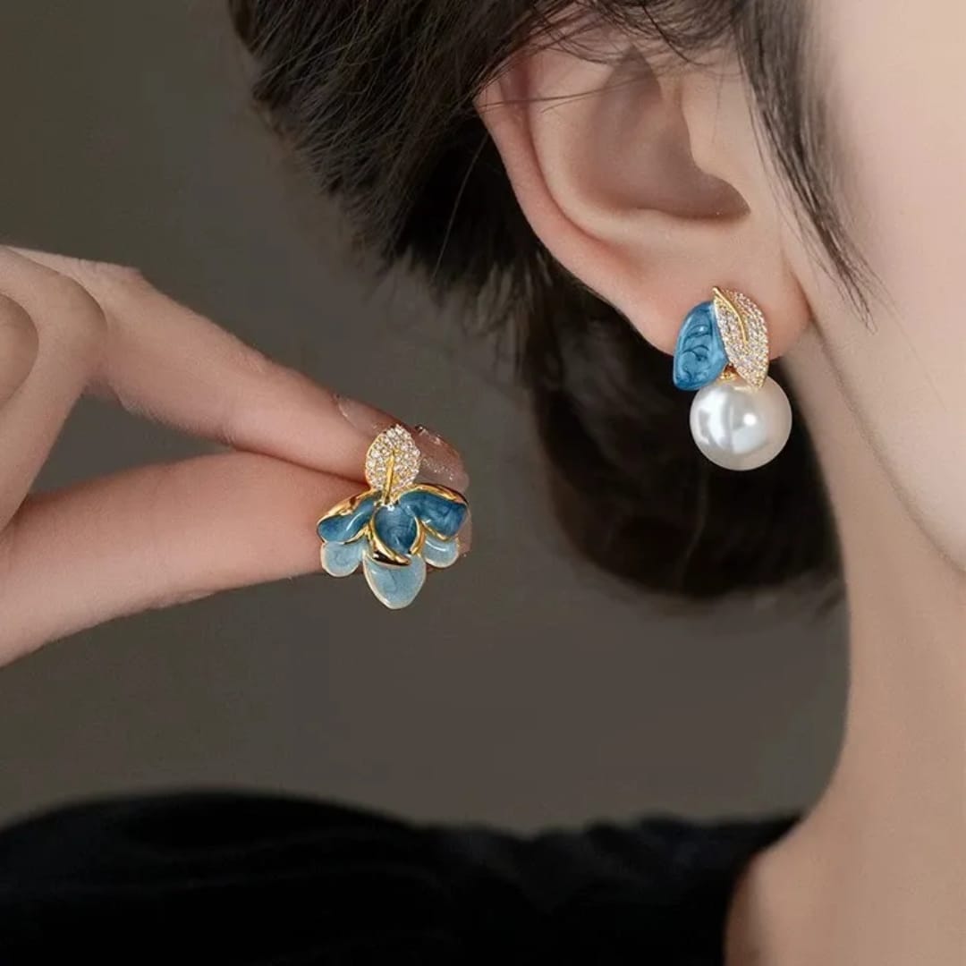 Aylin Blue Floral Asymmetrical Earrings – Gold Plated  Mismatched Pearl Drop Earrings for Women ₹110.00 photo 2