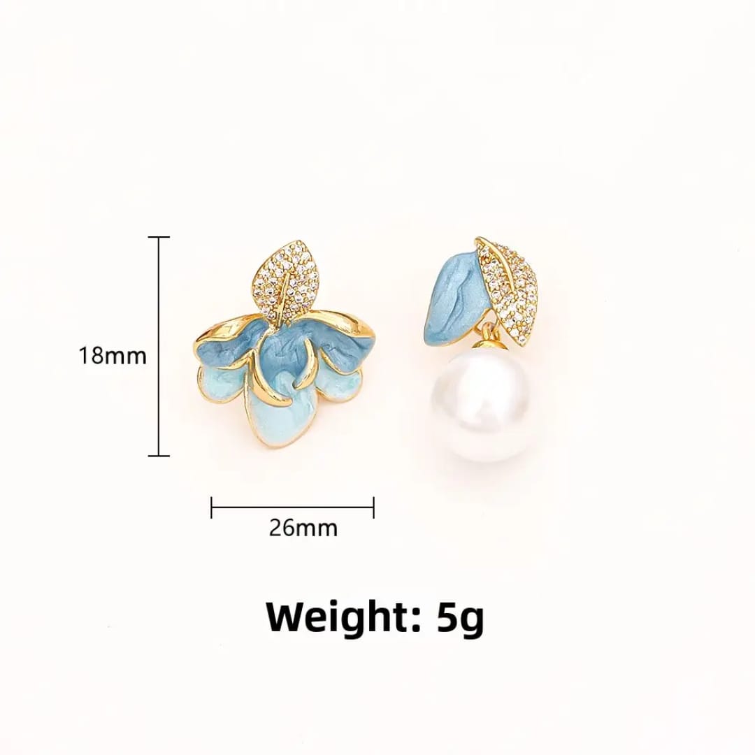 Aylin Blue Floral Asymmetrical Earrings – Gold Plated  Mismatched Pearl Drop Earrings for Women ₹110.00 photo 5