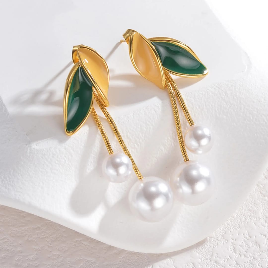 Detachable Two-Toned Enamel Leaf Pearl Drop & Dangler Earrings